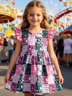 Carhartt Pink & Dark Green Patchwork Flutter-Sleeve Dress
